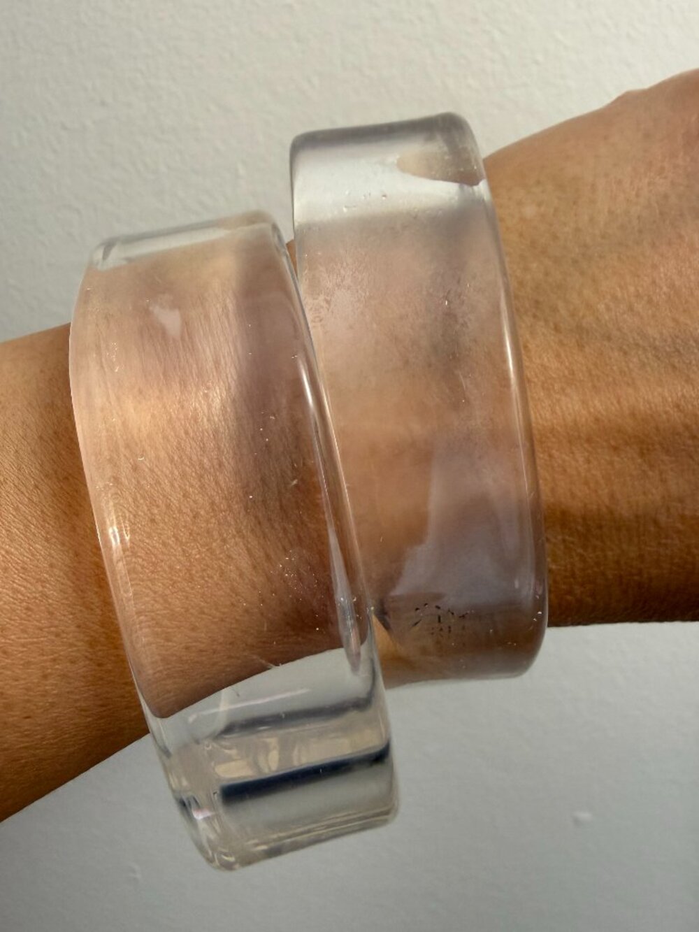 Mod Retro Set 2 Big Bold Clear Icy Lucite Wide Chunky Bangle Bracelet Squared